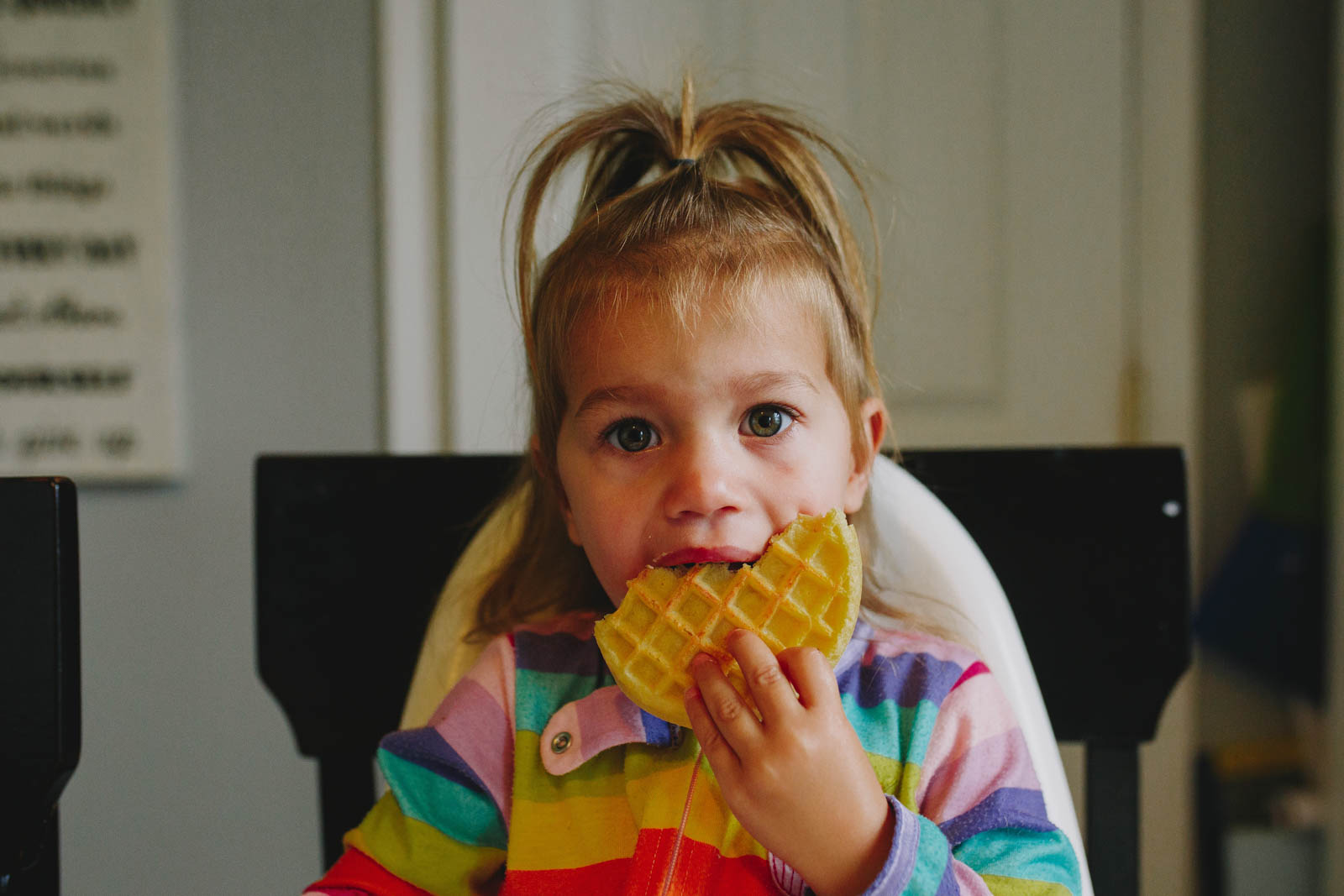 Toddler eating waffles for breakfast during Day in the Life session