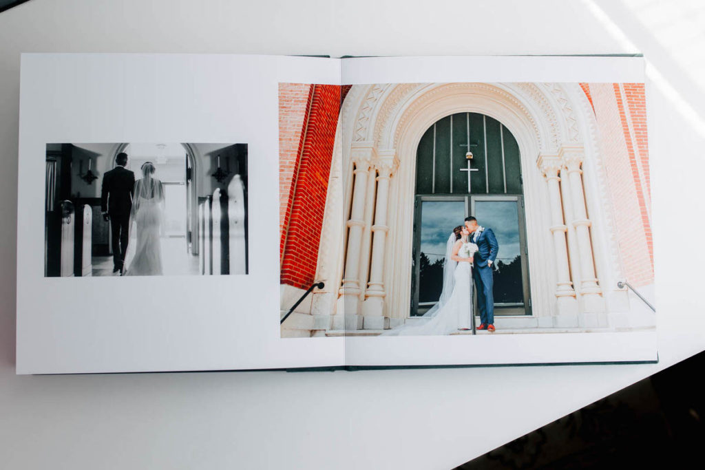 inside pages of a book with two pictures of a couple on their wedding day